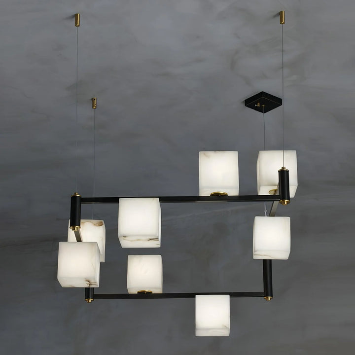 Below view of alabaster marble 8-square box chandelier, modern elegant ceiling fixture for home décor