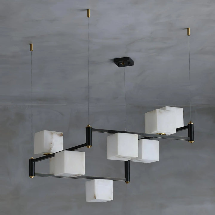 Side view of alabaster marble square box chandelier, modern elegant ceiling fixture for home décor
