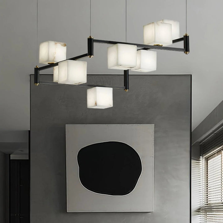 Alabaster marble square box chandelier in living room, modern elegant ceiling fixture for stylish décor