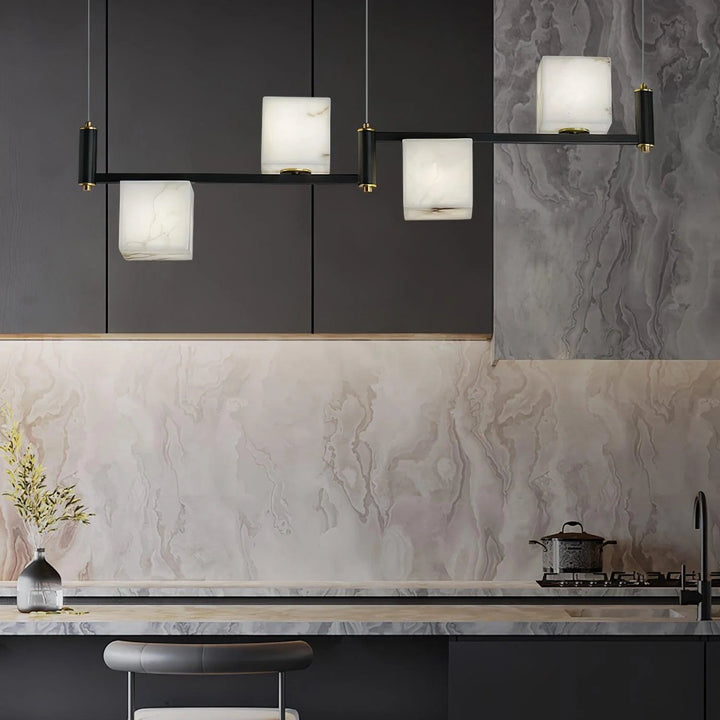Alabaster marble square box chandelier in dining room, modern elegant ceiling fixture for home décor