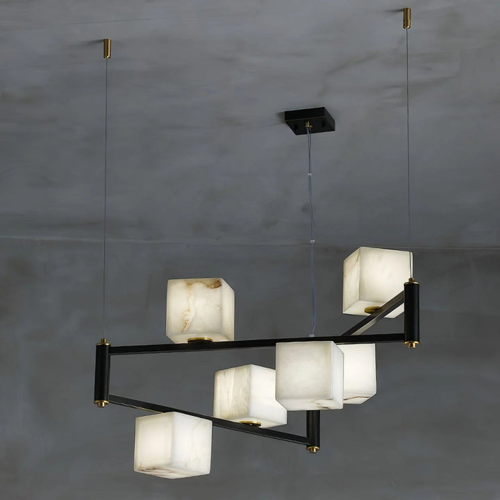Side view of alabaster marble square box chandelier, modern elegant ceiling fixture for stylish décor