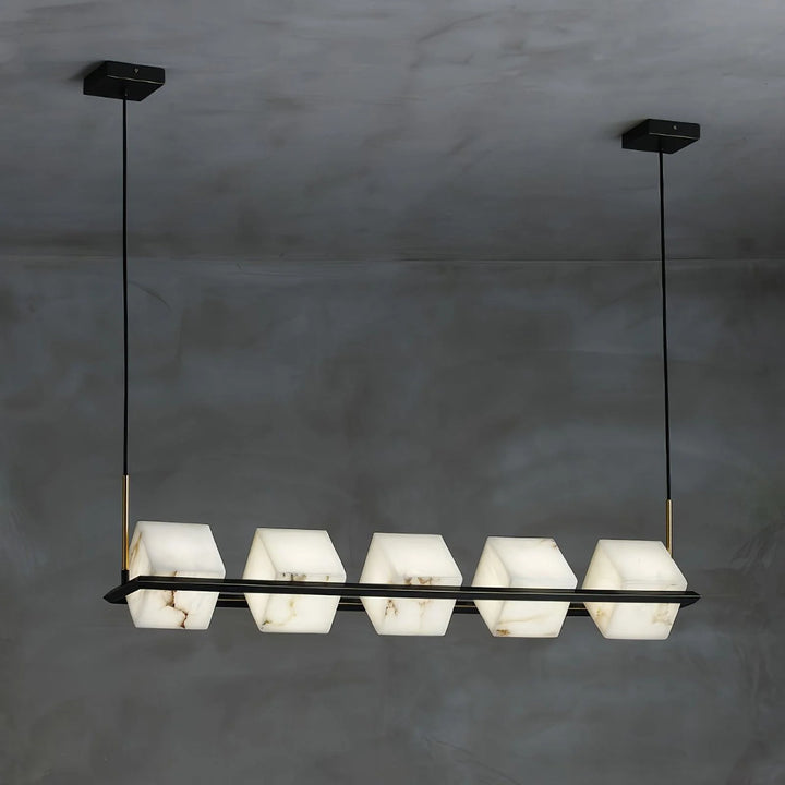 Front view of alabaster marble square box chandelier, modern elegant ceiling fixture for stylish décor