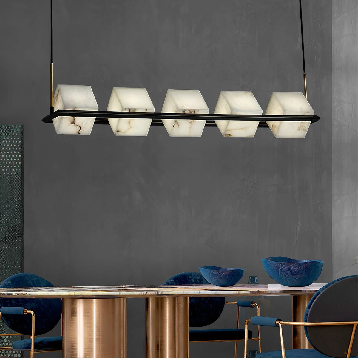 Alabaster marble square box chandelier in dining room, modern elegant ceiling fixture for stylish décor