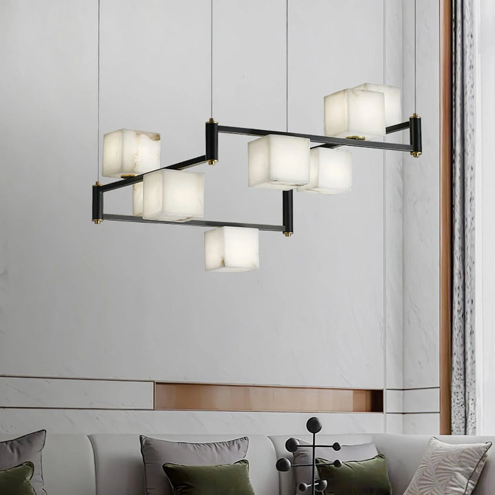 Alabaster marble square box chandelier in living room, modern elegant ceiling fixture for stylish décor