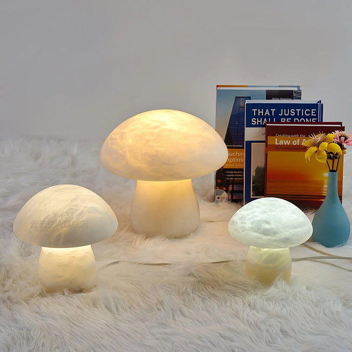 Alabaster Mushroom Table Lamp in three sizes, front view showcasing modern lighting and elegant design
