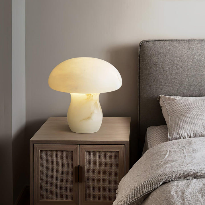 Alabaster Mushroom Table Lamp bedside front view, showcasing modern lighting and stylish bedroom décor
