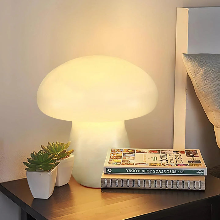 Alabaster Mushroom Table Lamp on bedside, front view showcasing modern lighting and stylish bedroom décor