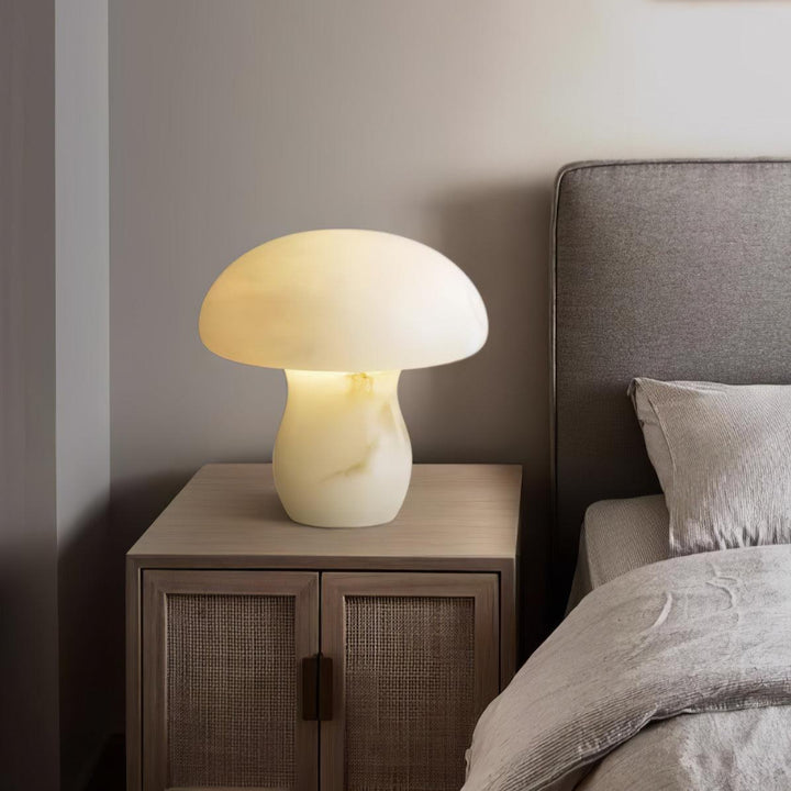 Alabaster Mushroom Table Lamp bedside view, showcasing modern lighting and elegant bedroom décor