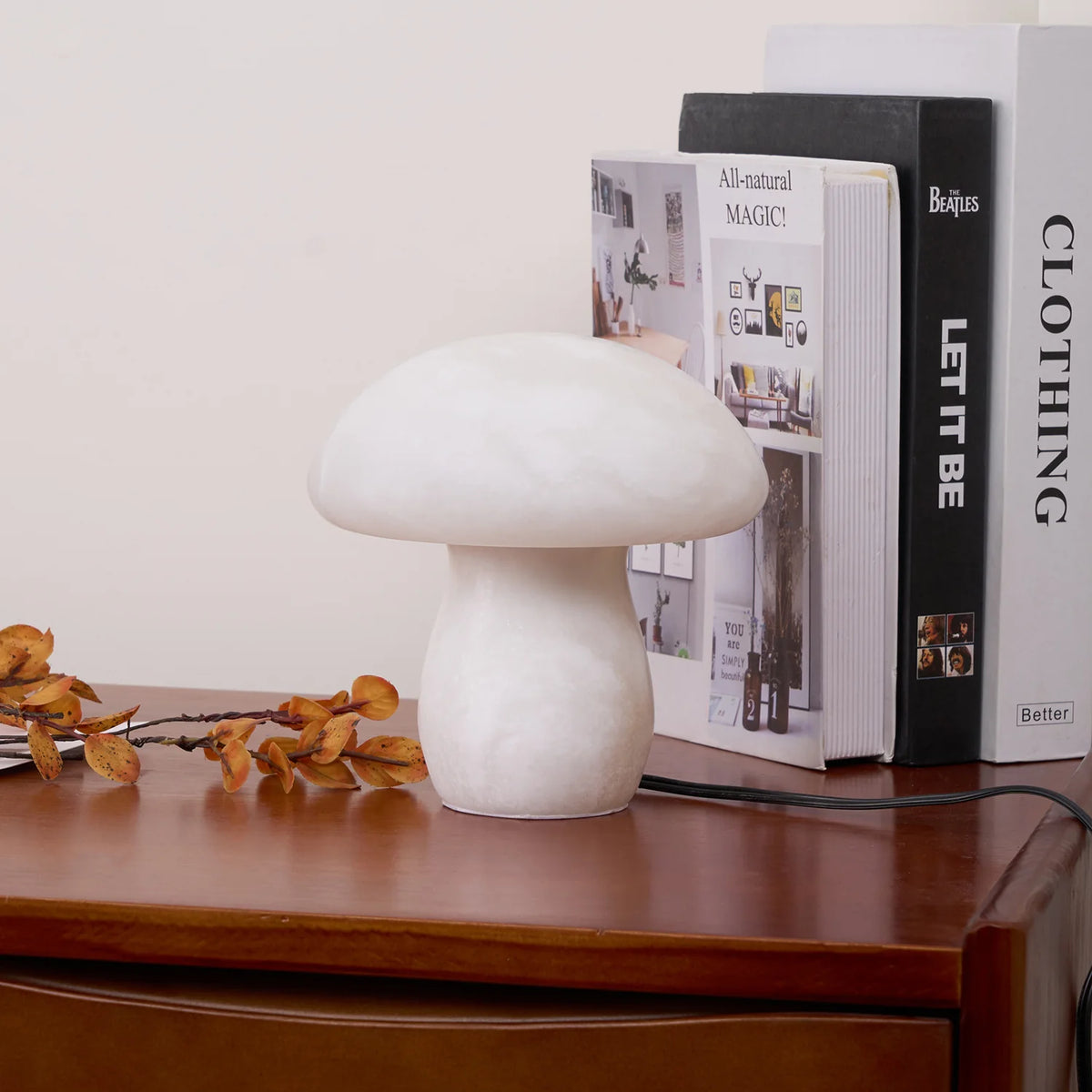 Alabaster Mushroom Table Lamp on table, showcasing modern lighting and elegant home décor