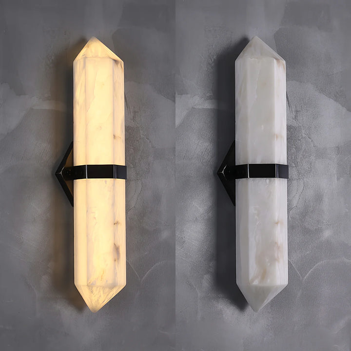 Alabaster Obelisk wall sconce modern lighting showing both on and off views for contemporary interiors
