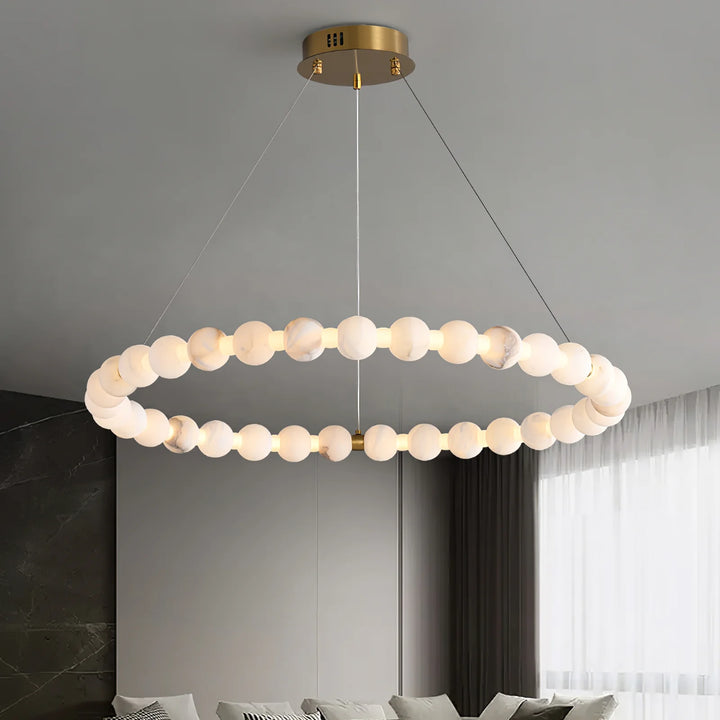 Alabaster Orb Ring luxury chandelier living room front view, elegant modern design for stylish interiors
