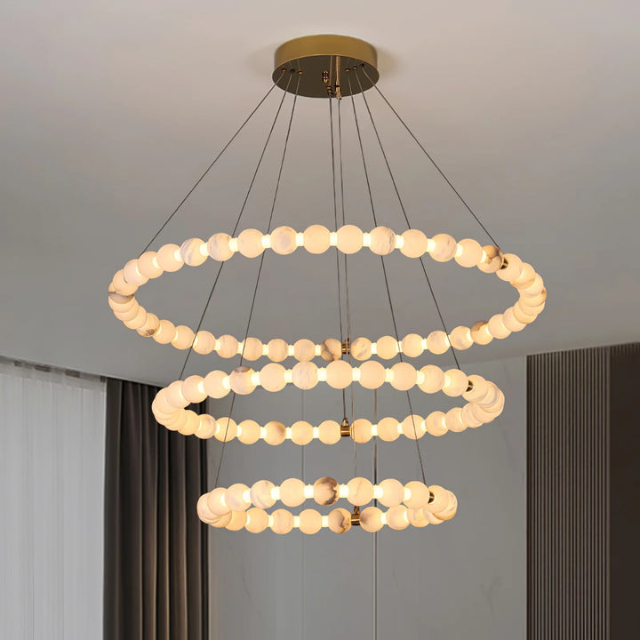 Alabaster orb ring luxury chandelier three-layer design front view with elegant lighting