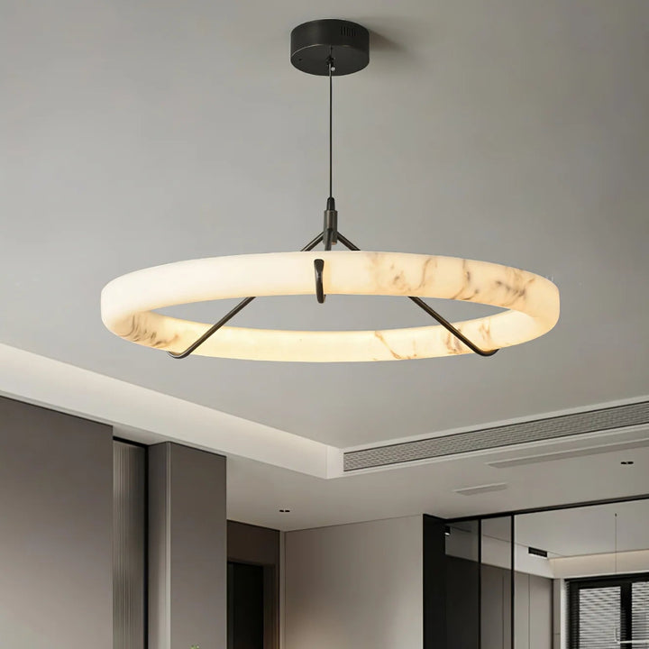 Alabaster ring pendant lamp hanging view, modern elegant ceiling light for stylish home interiors