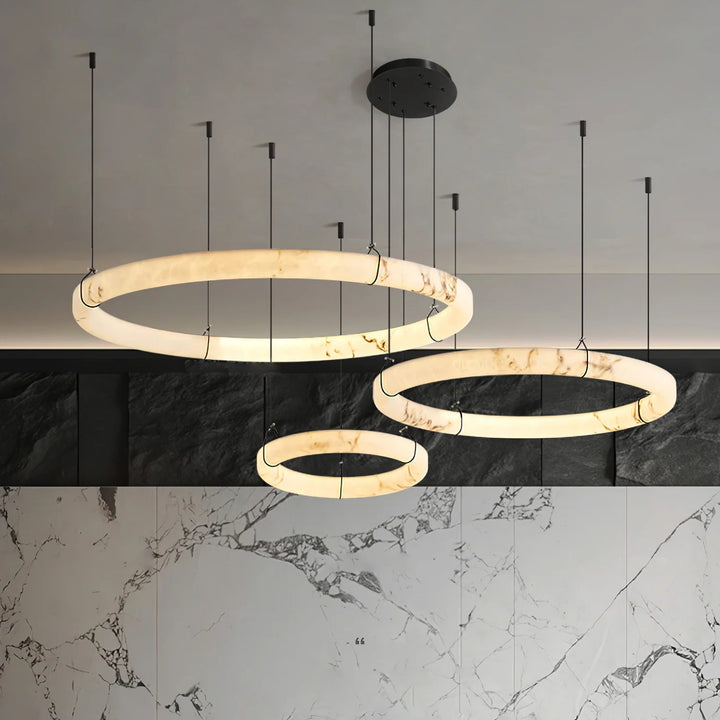 Alabaster ring pendant lamp on three sizes hanging view, modern elegant ceiling lights for interiors