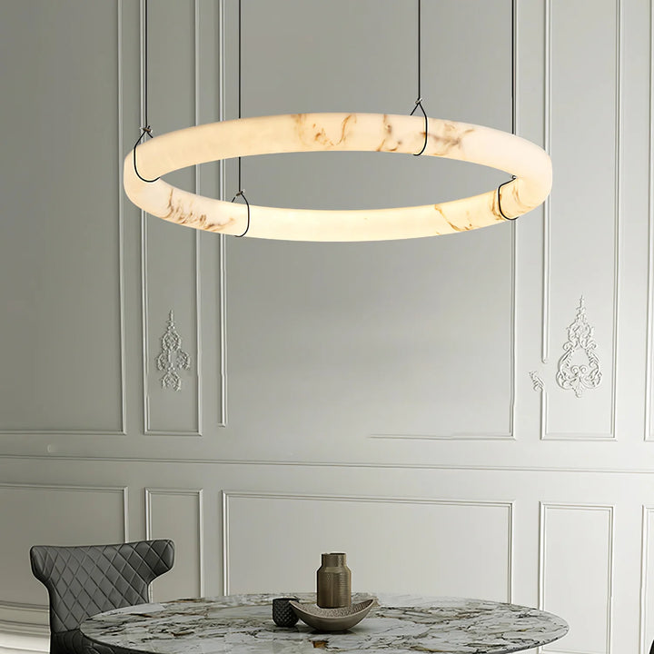 Alabaster ring pendant lamp dining view, modern elegant hanging ceiling light for stylish interiors
