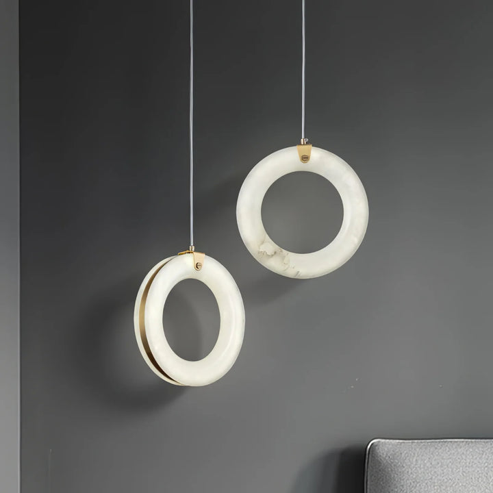 Alabaster ring pendant light, modern design, bedside view
