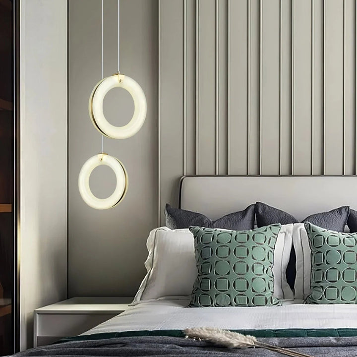 Modern alabaster ring-shaped pendant lamp, bedside perspective