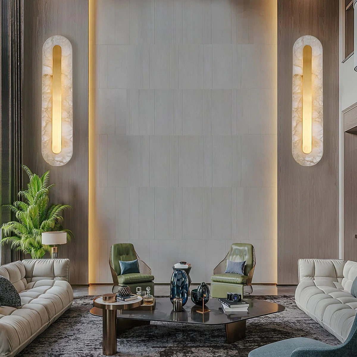 Alabaster rounded marble wall light in living room, modern lighting decor for stylish interiors