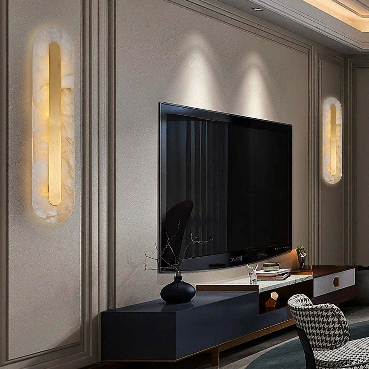 Alabaster rounded marble wall light beside TV, modern lighting decor for stylish living room