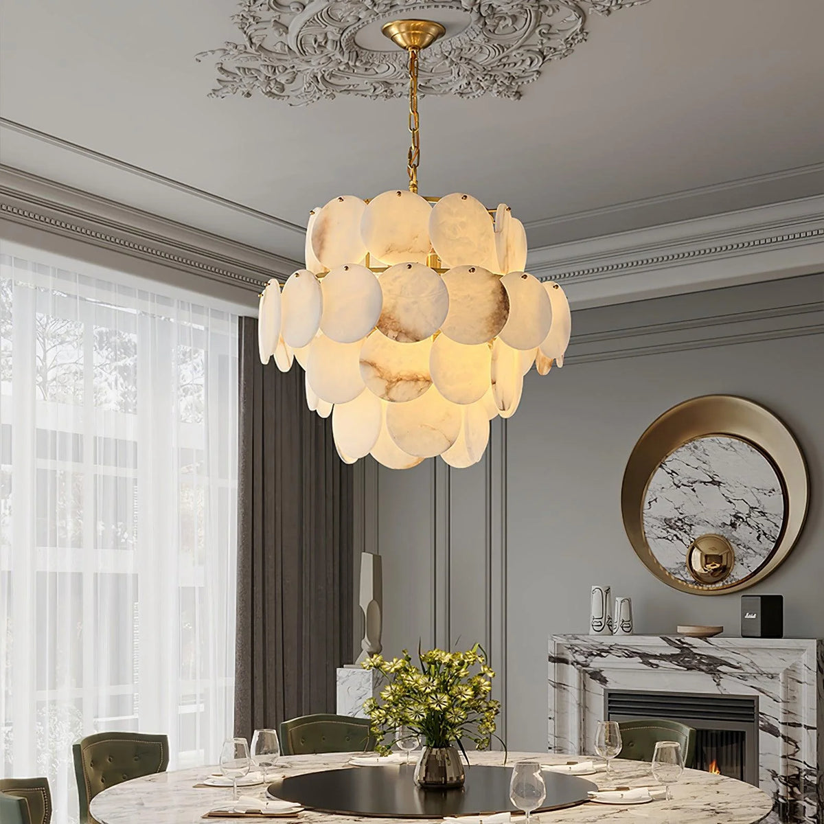 Elegant front view of alabaster shell brass chandelier luxury lighting fixture