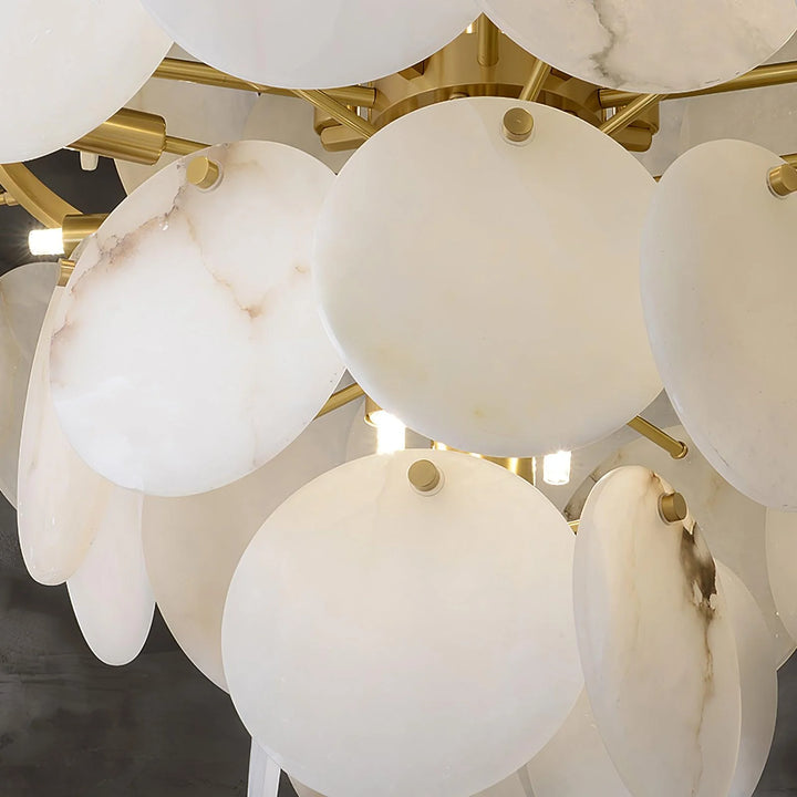Alabaster shell brass chandelier luxury lighting circle marble detailed view