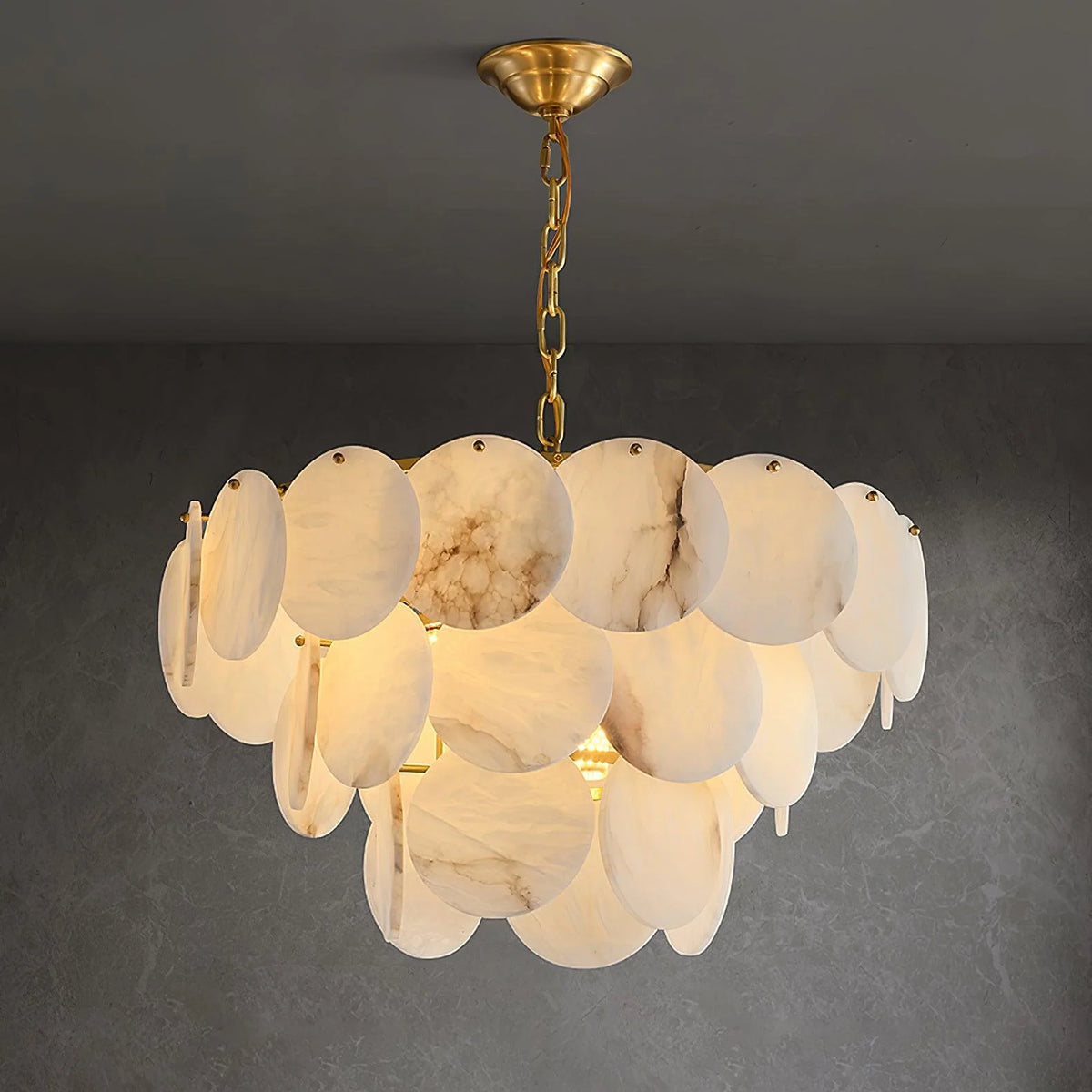 Front view of 3-layer alabaster shell brass chandelier luxury ceiling light