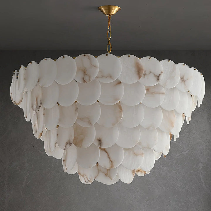 Elegant front view of alabaster shell brass chandelier luxury ceiling fixture