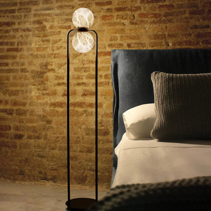 Alabaster Tribeca floor lamp bedside view, elegant marble design for modern bedroom interior lighting