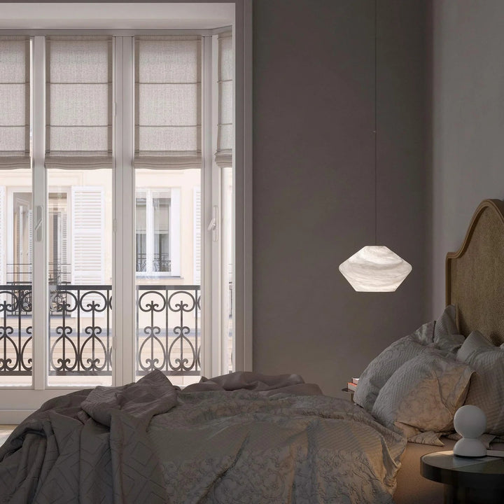 Alabaster Veil pendant light modern lighting, bedside view showcasing elegant design and cozy ambiance