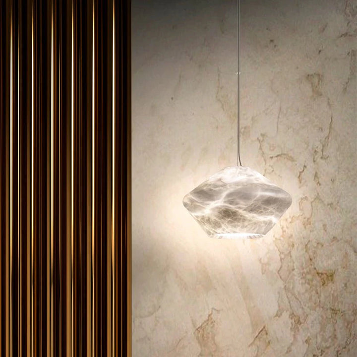 Alabaster Veil pendant light modern lighting, on hanging view showcasing illuminated elegant contemporary design