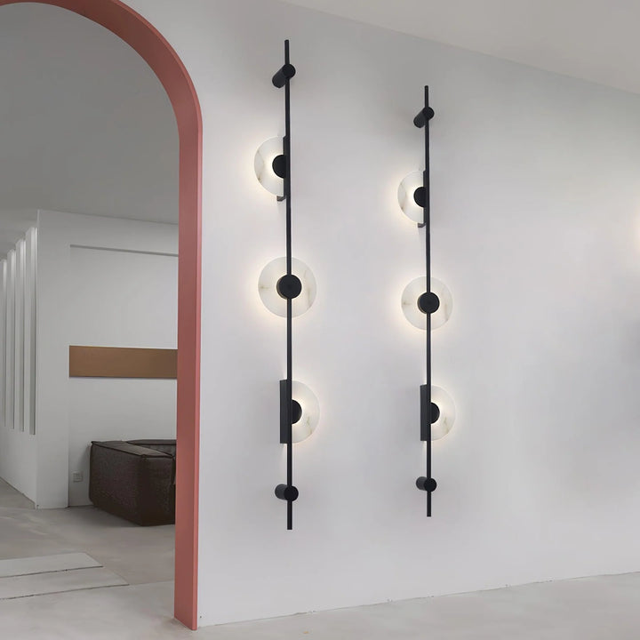 Alabaster Vertical Plug-In Wall Sconce in modern living room, elegant ambient lighting design