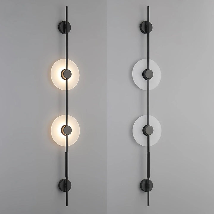 Alabaster vertical wall sconce with one light on, one off – modern elegant lighting for interiors
