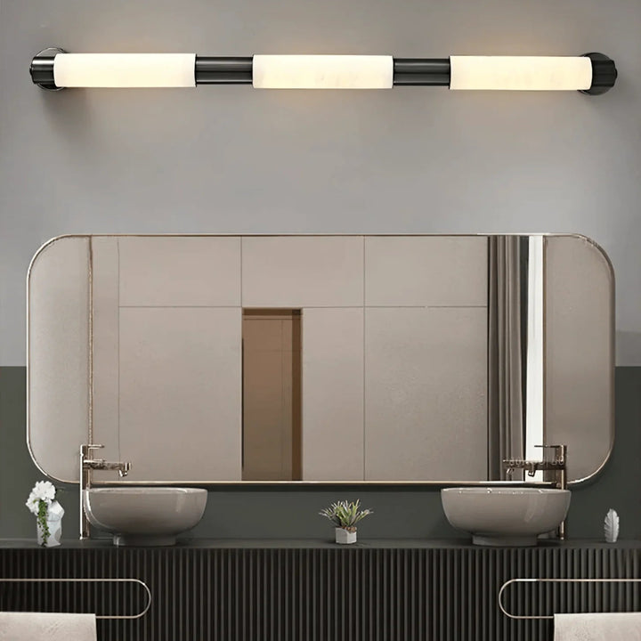 Alatar alabaster modern wall light front view with three LED bulbs and contemporary elegant design