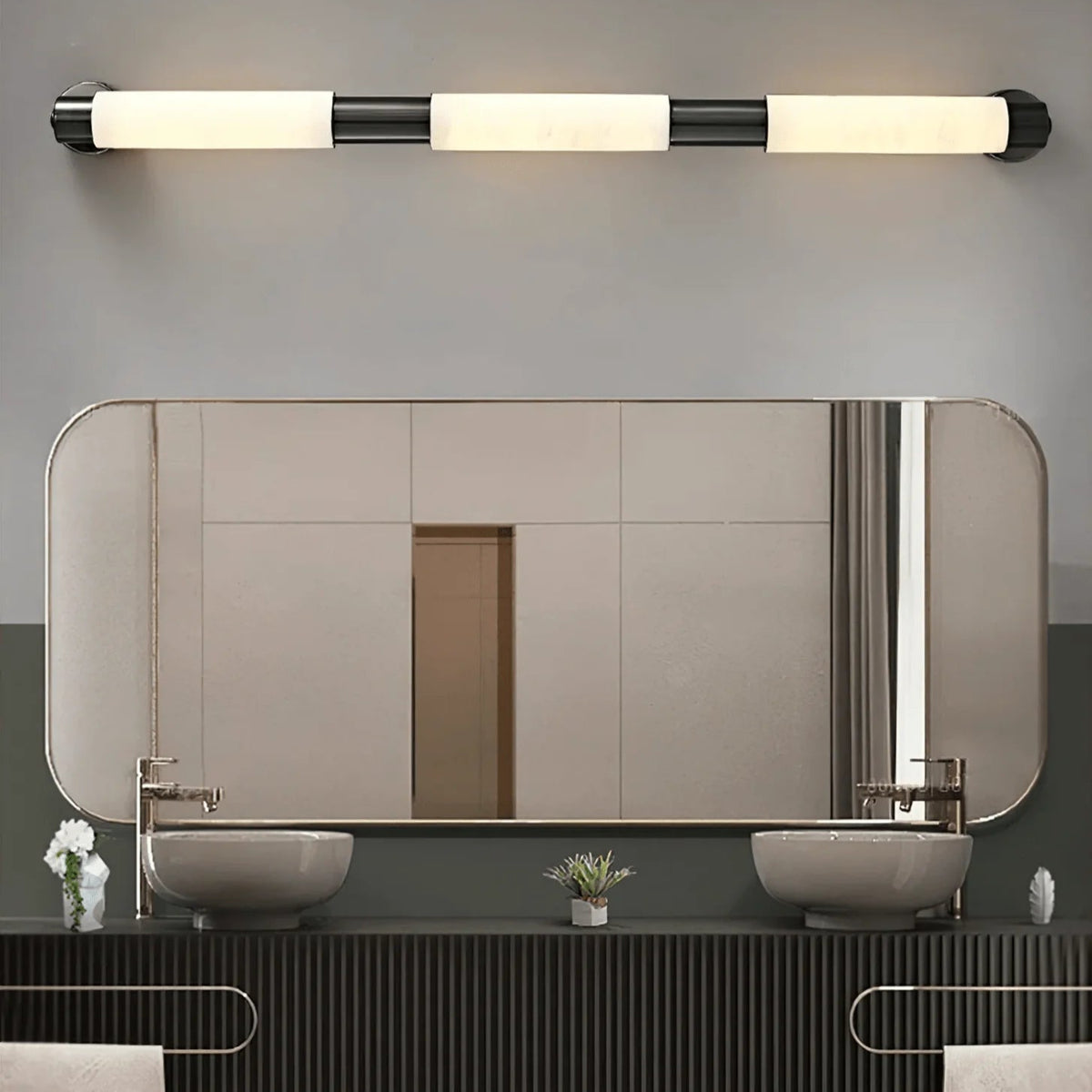 Alatar alabaster modern wall light front view with three LED bulbs and contemporary elegant design