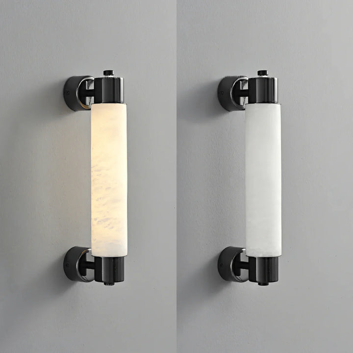 Alatar alabaster modern wall light front view with black metal finish and sleek contemporary design