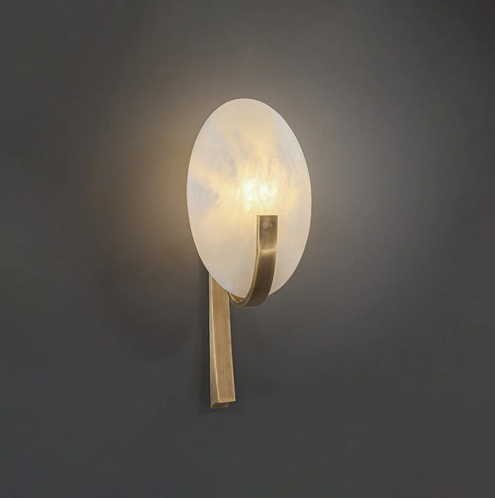 Alice Alabaster modern plug-in wall light golden metal angle view, elegant contemporary design for interiors