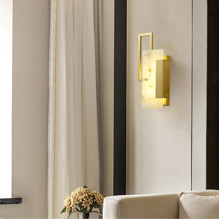 Althea alabaster wall sconce in living room, elegant marble finish for modern home interior lighting