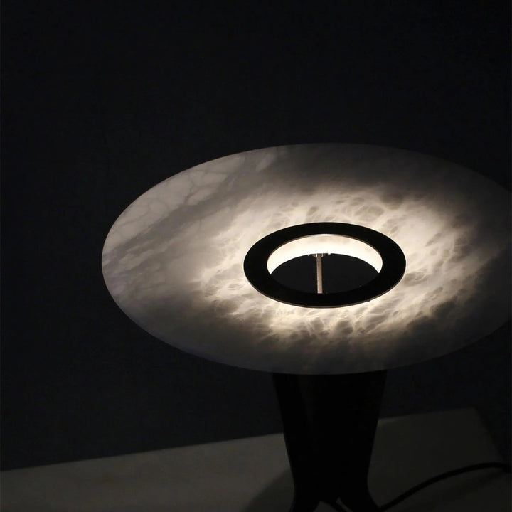 Top view of Aragon table lamp, highlighting modern design and elegant warm ambient lighting