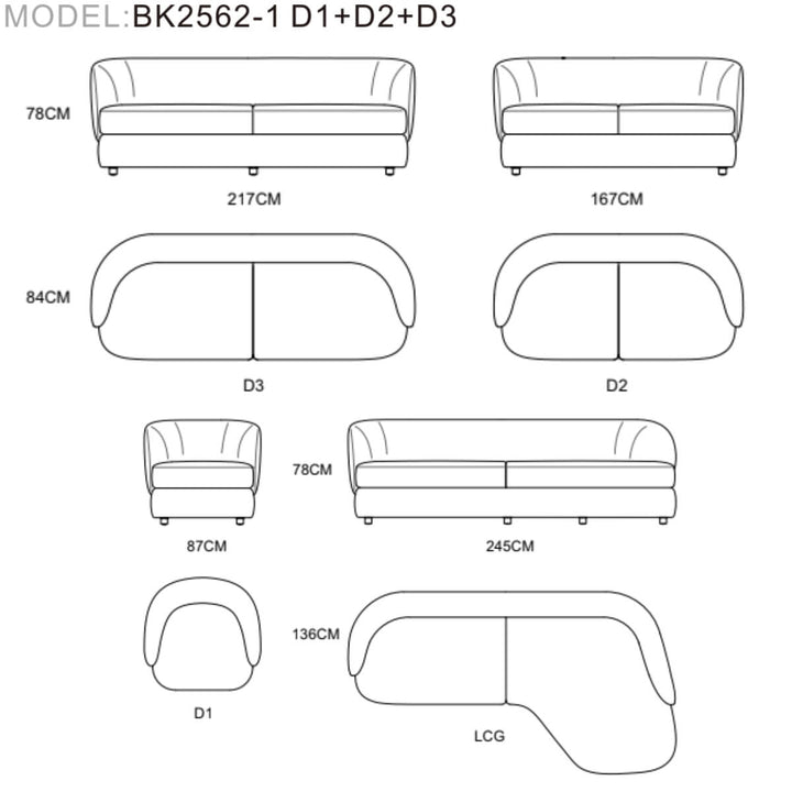 Front view of Arco lounge sofa featuring plush cushions and sleek modern designs.