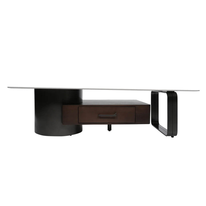 Side view of Arden slate marble coffee table with built-in storage, showcasing elegant marble surface and functional design