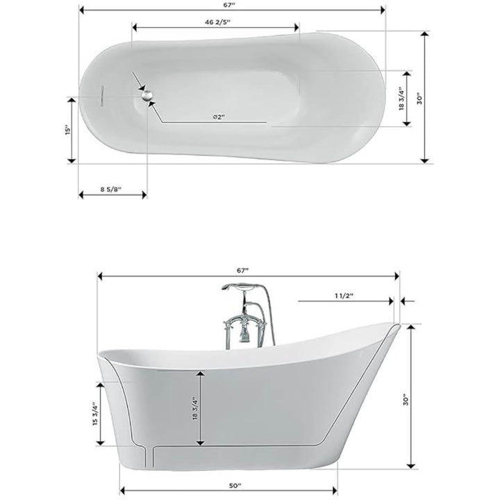Dimension diagram of Ariel 1700mm free-standing acrylic bathtub showing length, width, and height measurements