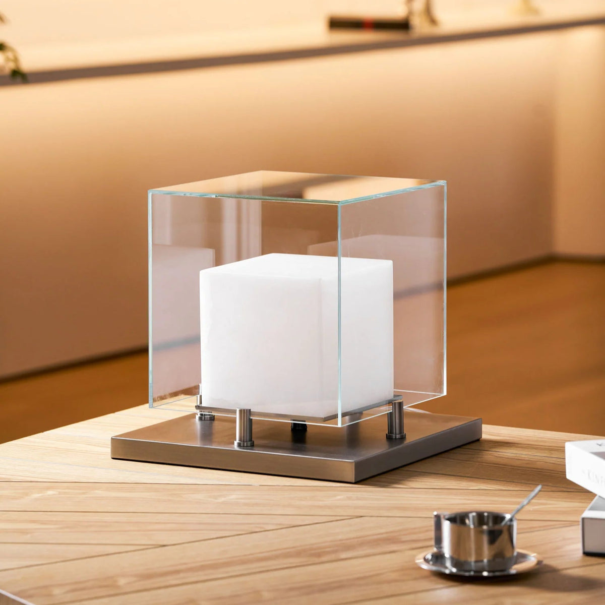 Arqra alabaster table lamp modern lighting, side view highlighting sleek and elegant home décor design