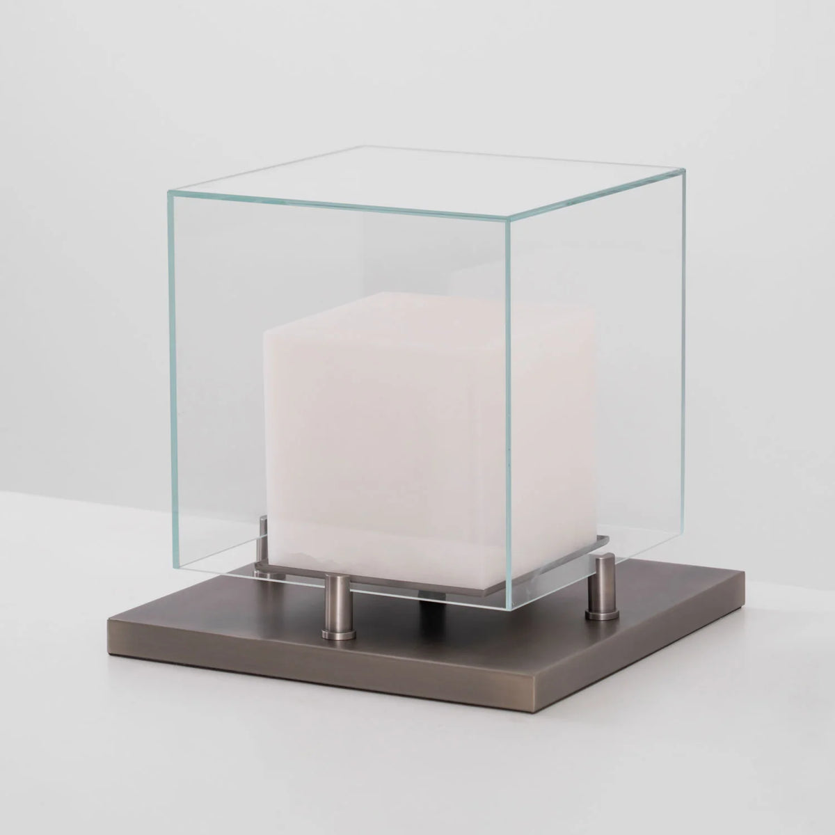 Arqra alabaster table lamp modern lighting, square box side view showcasing elegant contemporary design