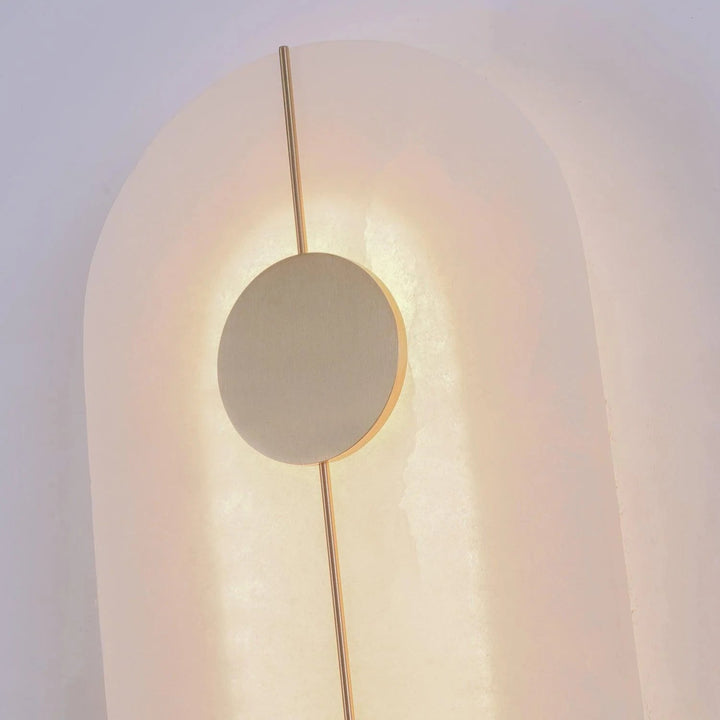 Artistic alabaster wall lamp, modern lighting, close-up view of lamp head side
