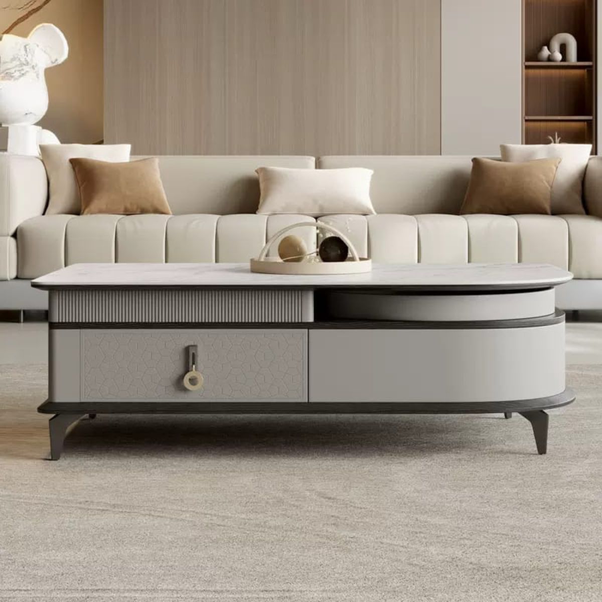 Front view of Aspire marble top coffee table in living room with modern stylish decor