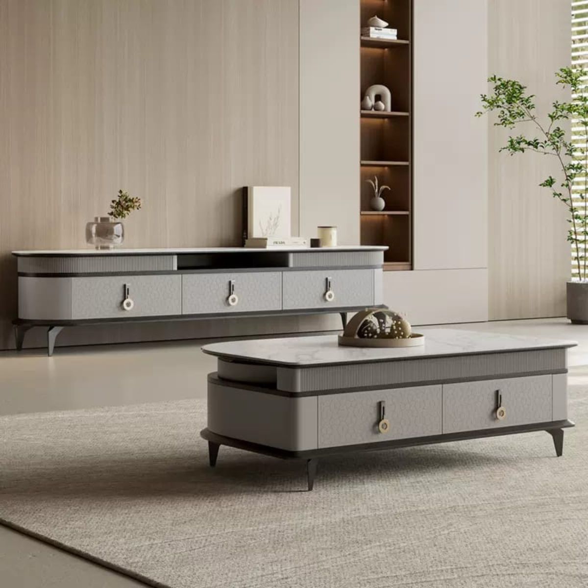 Side view of Aspire marble top coffee table with elegant design and smooth polished surface