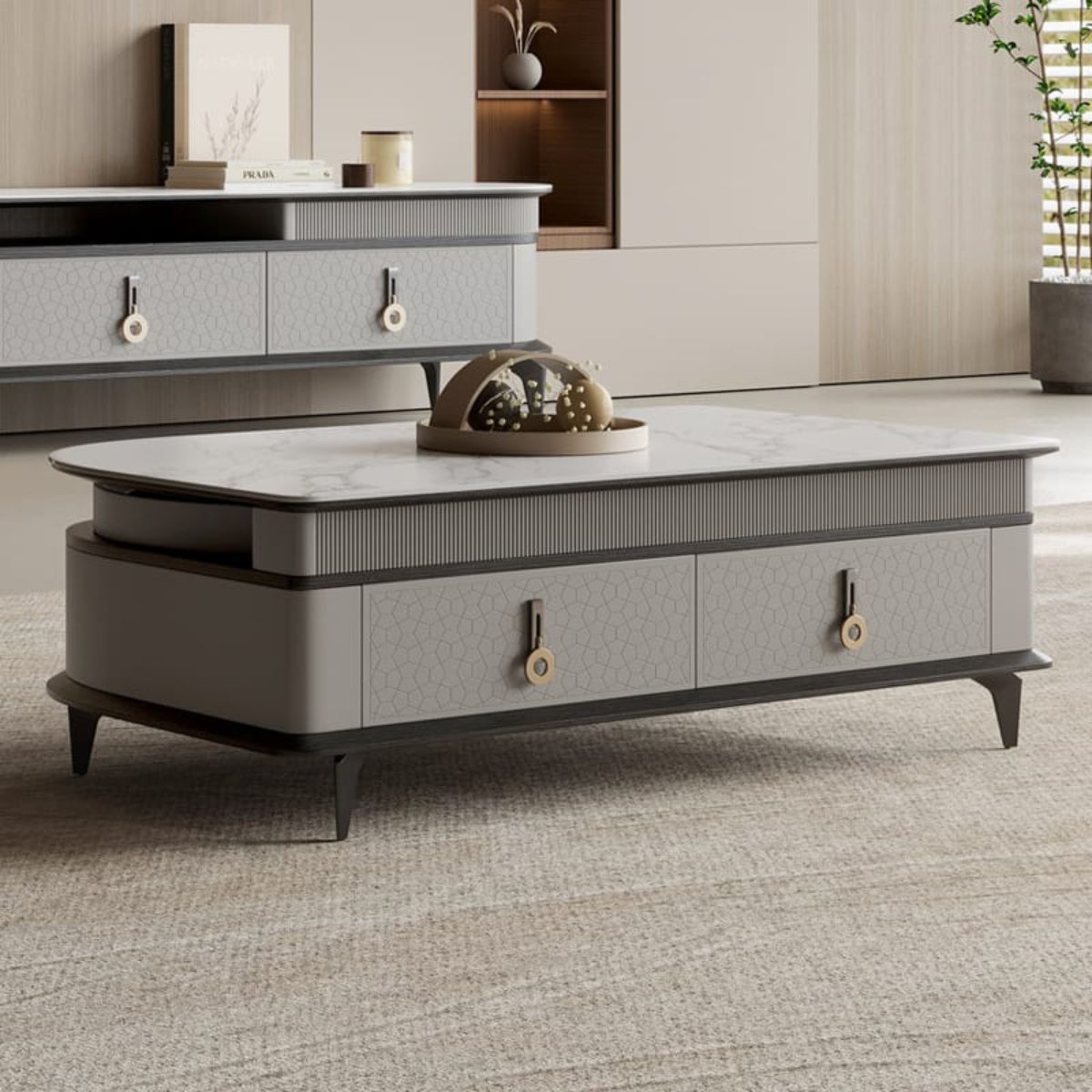 Side view of modern marble top coffee table showcasing sleek design and polished finish