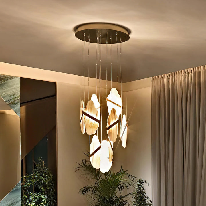Auralith chandelier hanging view showcasing multi-tier crystal design and luxurious modern lighting