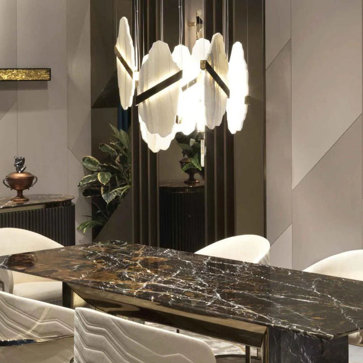 Auralith chandelier dining room view with marble accents and multi-tier crystal design, elegant lighting