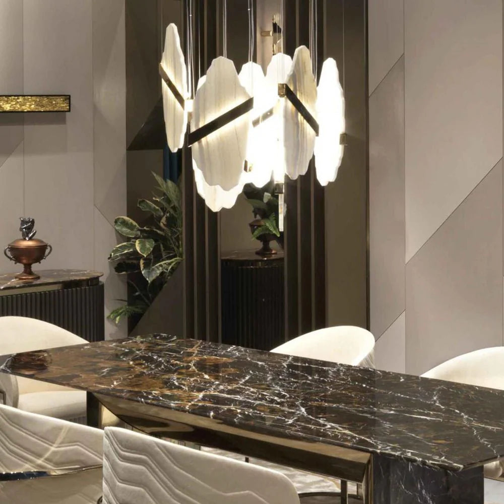 Auralith chandelier dining room view with marble accents and multi-tier crystal design, elegant lighting